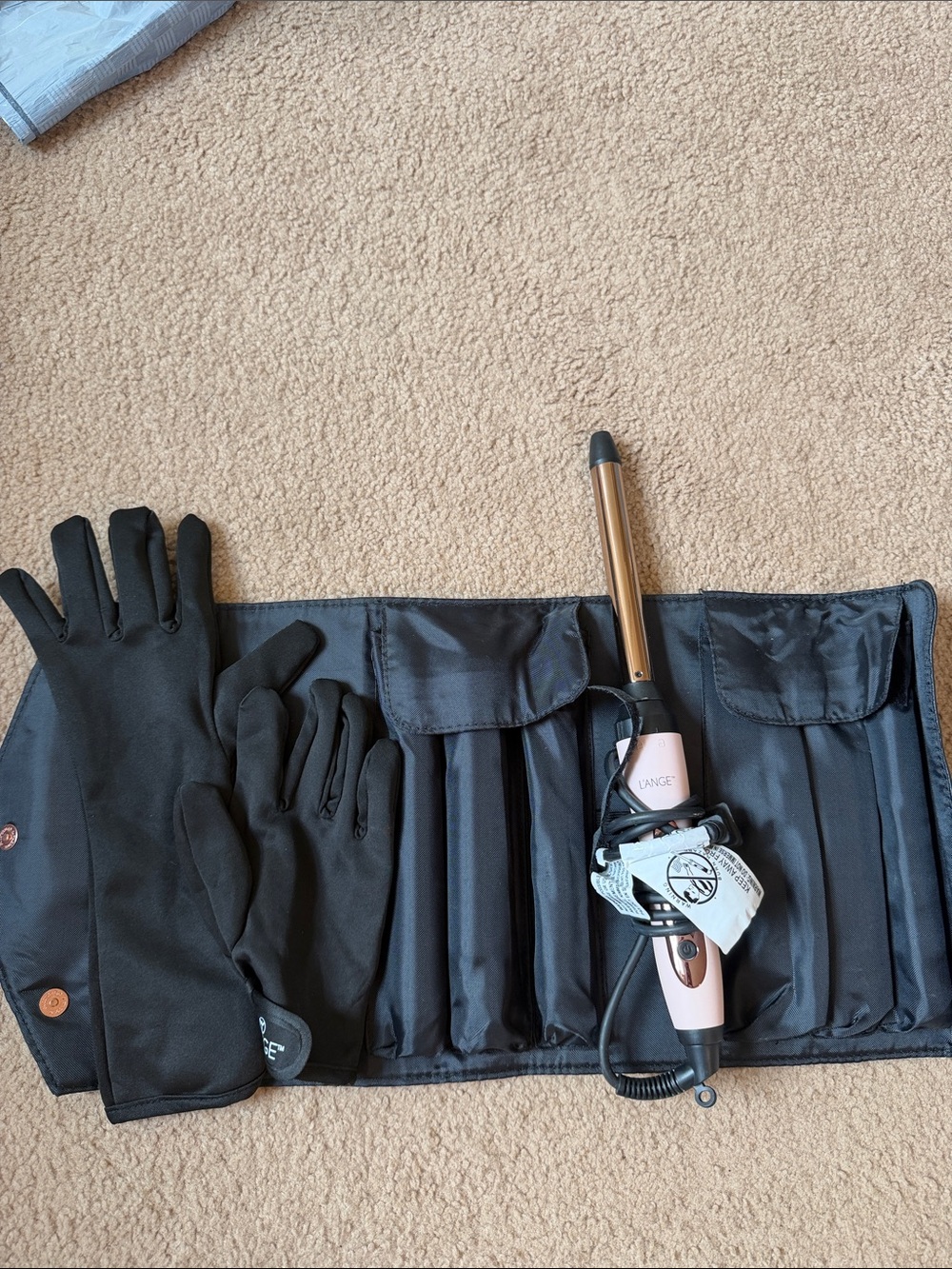 Lange Pink and Gold Curling Iron Set with Black Gloves and Roll Case